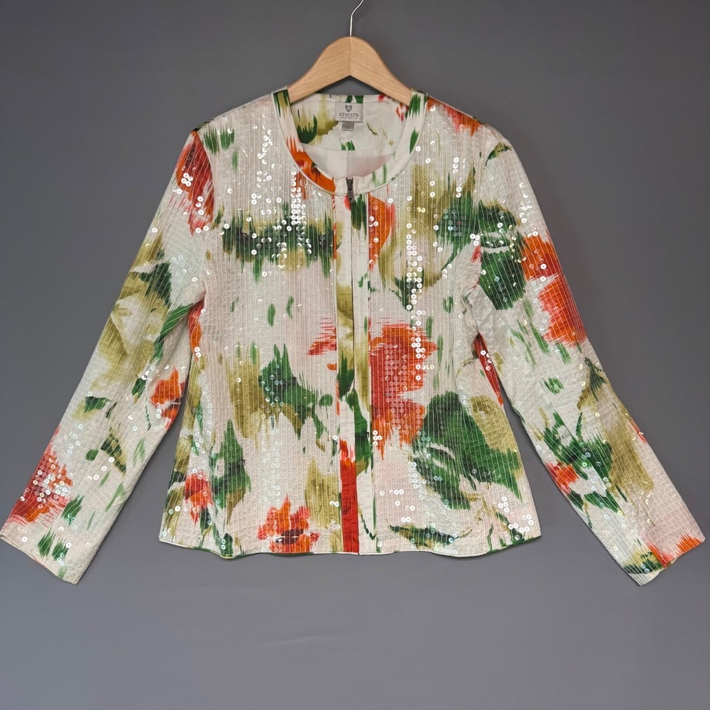 Chicos Floral Ikat Sequin Zip Front Jacket Womens Size 1 Medium Orange Green Art